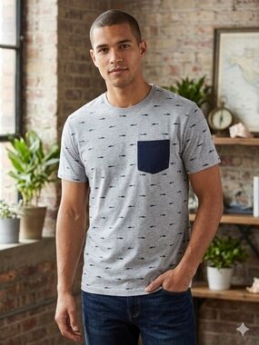 Galaxy By Harvic Gray Short Sleeve Tee with Navy Pocket & Shark Print